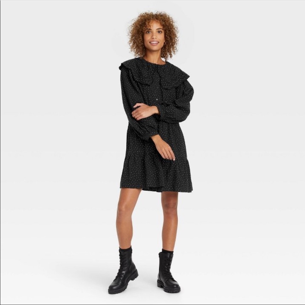 NWT: A new day-womens long sleeve shirt dress black polka dot size L